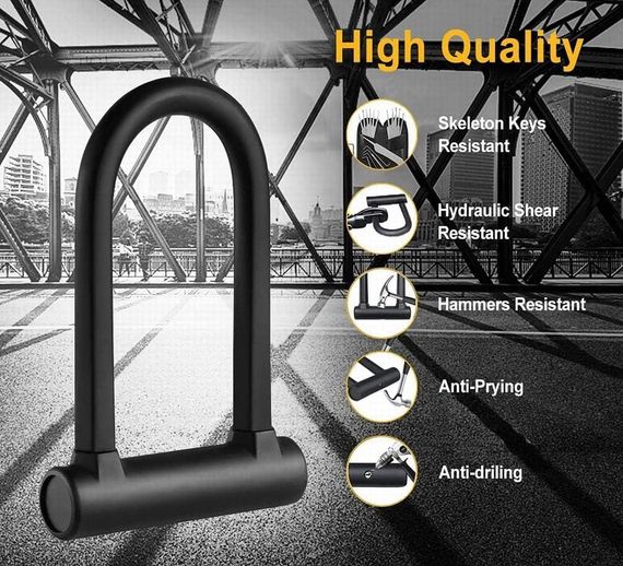 Велосипедный замок с гибким стальным тросом 1,2м, U-образный велозамок с 2 ключами, антивандальный компактный | Зображення 1