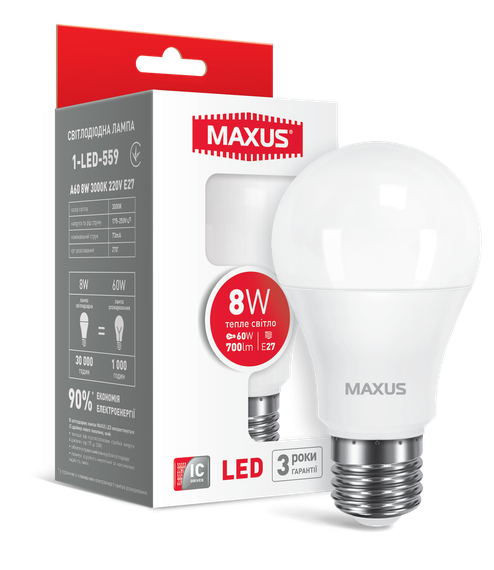 LED лампа MAXUS A60 8W теплый свет E27 (1-LED-559)