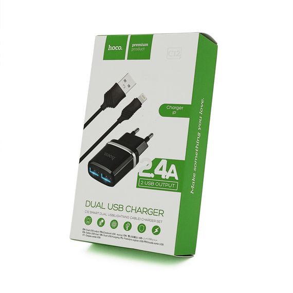 Набір СЗУ 110-240V HOCO C12 + кабель Lighting, 1xUSB, 2.4A, кабель 1м, Black, Blister | Зображення 2