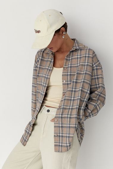 Картата сорочка з напівкруглим низом на ґудзиках - світло-коричневий цвет, L (є розміри) | Зображення 4