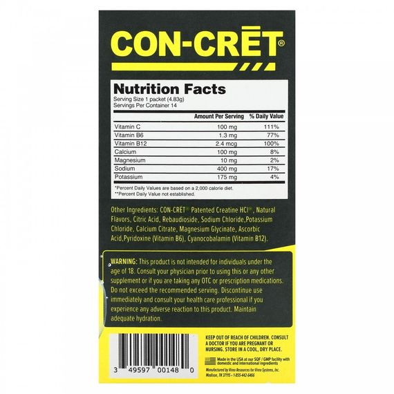 Чистий напій для зволоження Con-Cret Clean Hydration Drink Packets, Sugar-Free 14 Packets, (4.83 g) (Citrus Mango) | Зображення 1