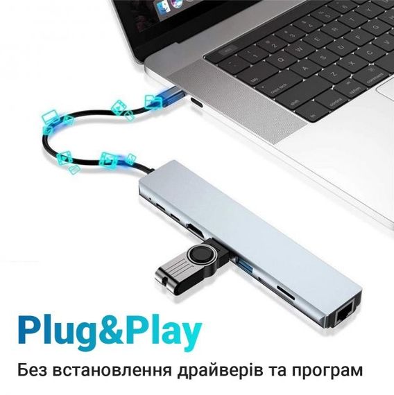 Хаб концентратор 8 до 1 USB Type-C перехідник  HDMI SD TF RJ45 | Зображення 4