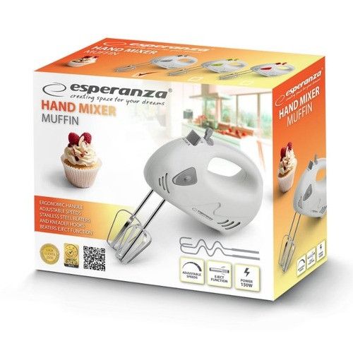Миксер ручной Esperanza EKM007WE Muffin, кухонный миксер 150 Вт, 7 скоростей, насадки для теста и взбивания, серый | Зображення 1