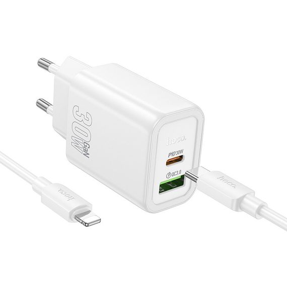 МЗП Hoco N63 Gentle PD30W+QC3.0 (1USB-A/1C) + кабель Type-C to Lightning White | Зображення 3