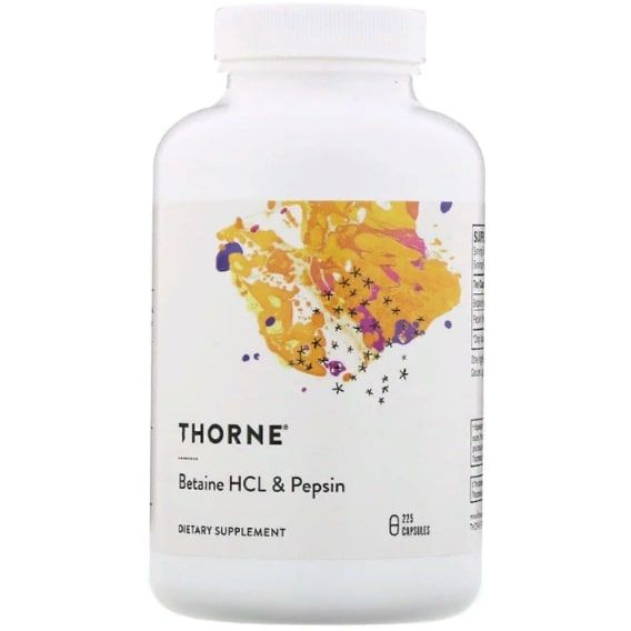 Бетаїну гідрохлорид Thorne Research Betaine HCL & Pepsin 225 Caps THR-41502