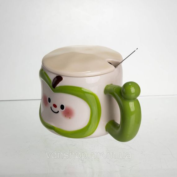 Чашка фарфоровая 400 (мл) с крышкой и ложкой, оригинальная кружка на подарок чашка для детей Зеленый FM-25A | Зображення 3