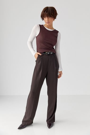 Двошаровий лонгслів у рубчик з імітацією жилетки - коричневий цвет, S (є розміри) | Зображення 2