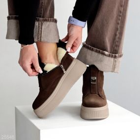 Молодіжні Шоколадні зимові черевики натуральна замша на бежевій платформі 38