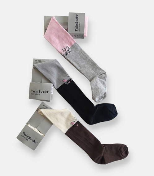 Колготки дитячі ТМ TwinSocks для дівчинки кішка з окулярами: сірий/чорний, молочний/шоколад, рожевий/сірий Сірий + чорний, | Зображення 2