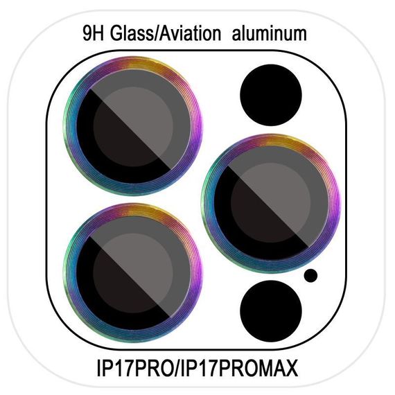Захисне скло Metal Classic на камеру (у упак.) для Apple iPhone 17 Pro (6.3") / 17 Pro Max (6.9") Чорний / Black Бузковий / Rainbow