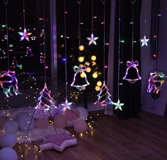 Гірлянда-штора кольорова з формами дзвіночок, ялинка, олень 12 PCS light 30 XPRO (GR- 44_296) | Зображення 2