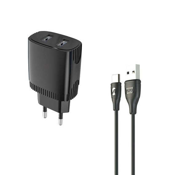 Мережевий зарядний пристрій Aspor A811 (2USB/2.4 A) + кабель USB — Type-C чорний