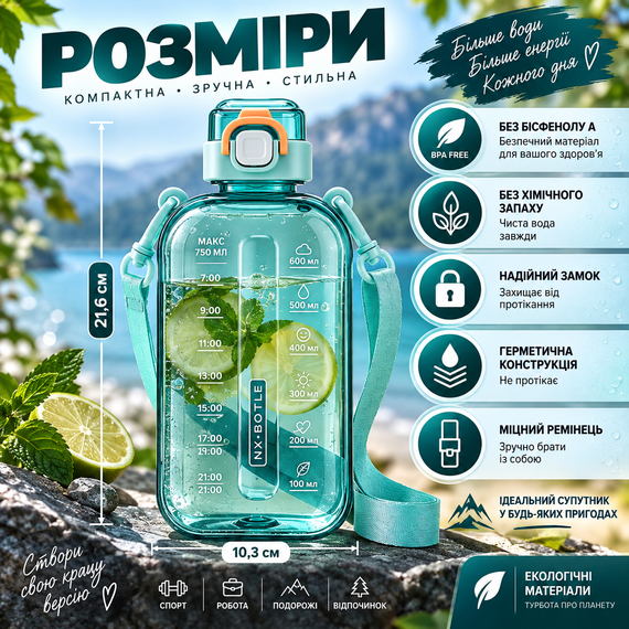 Спортивна пляшка для води SPORT 750 мл з ремінцем — багаторазова BPA-free пластикова пляшка з герметичною кришкою, бірюзова | Зображення 7