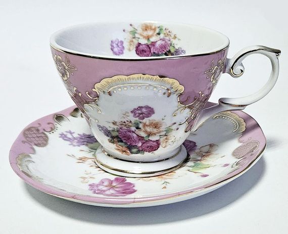 Чайно-кавова порцелянова пара "Gold Tea Pink" чашка 200мл із блюдцем