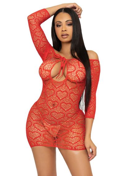Сукня-сітка з сердечками Leg Avenue Heart net mini dress Red, зав’язки, відкриті плечі, one size | Зображення 2