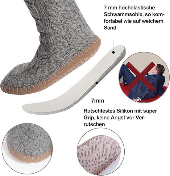 Носки тапочки теплые толстые с антискользящей подошвой, высокие вязаные для дома, домашняя зимняя обувь, серые | Зображення 2