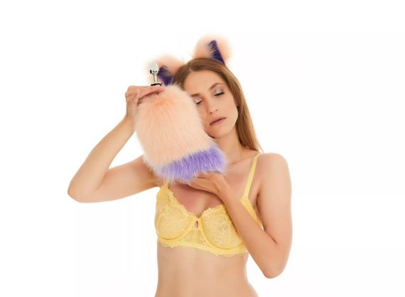 Анальний хутряний хвіст без пробки, Персиковий з фіолетовим кінчиком, OKOVA sexstyle | Зображення 2