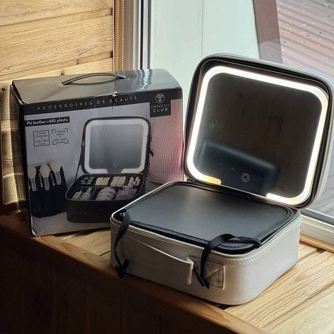 Портативна косметичка органайзер дорожній бьюті кейс з ручкою для з дзеркалом та LED-підсвічуванням бежевий | Зображення 2