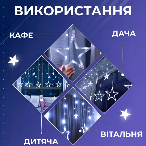 Гірлянда штора 3х0,7 м Зірки на 108 LED лампочок світлодіодна 6 великих та 6 маленьких зірок 9В 8 режимів Білий 1733055W | Зображення 1