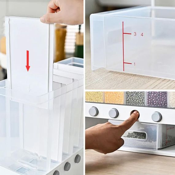 Диспенсер для сыпучих продуктов с дозатором, 6 отделений / Кухонный органайзер с мерным контейнером / | Зображення 3