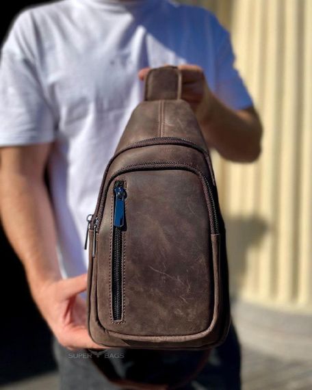 Чоловічий слінг зі шкіри крейзі хорс в коричневому кольорі 6349 | Зображення 4