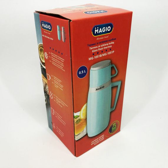 Термос Magio MG-1051B со стеклянной колбой, Хороший небольшой термос, Термос для воды. Цвет: голубой | Зображення 8