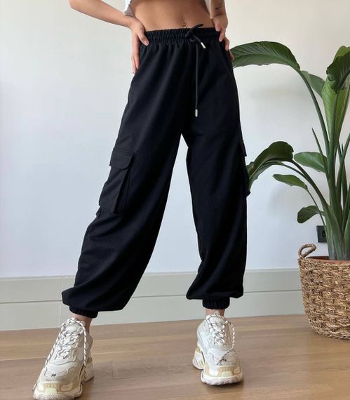 Женские трикотажные джоггеры карго с накладными карманами BF1049 цвет черный, размер 42/44