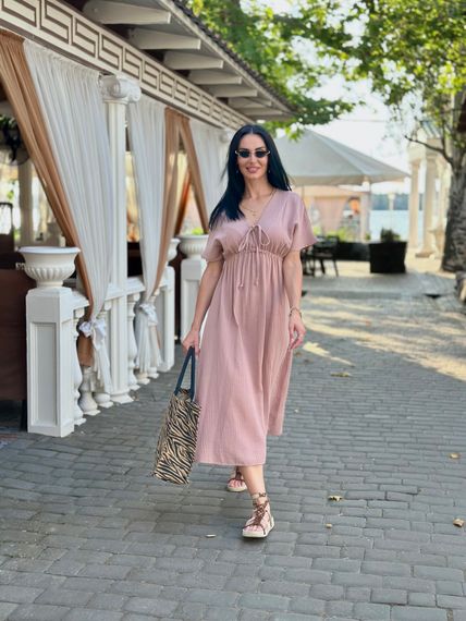 Жіноча довга літня сукня з мусліну легка із завищеною талією розмір 46/48 колір капучино GF58774 | Зображення 1