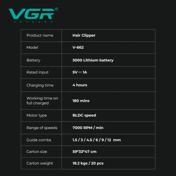 Аккумуляторная машинка для стрижки VGR V-662 GREEN, 7000 RPM, 6 насадок, LED дисплей | Зображення 2