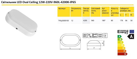 Світильник LED Oval Ceiling 12W 220V 960L 4200K IP65 Ny95000100 | Зображення 1