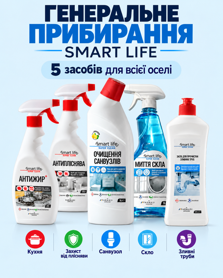 Набор средств для уборки дома бытовая химия Farmasi Smart Life 5 предметов: антижир стекло антиплесень санузел трубы | Зображення 1