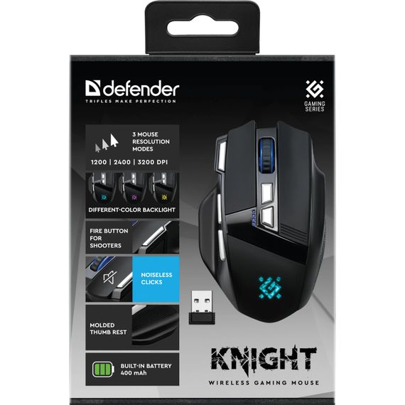 Мишка Defender Knight GM-885, бездротова, ігрова, 8кн., 3200 dpi., 400 mAh, чорна | Зображення 9