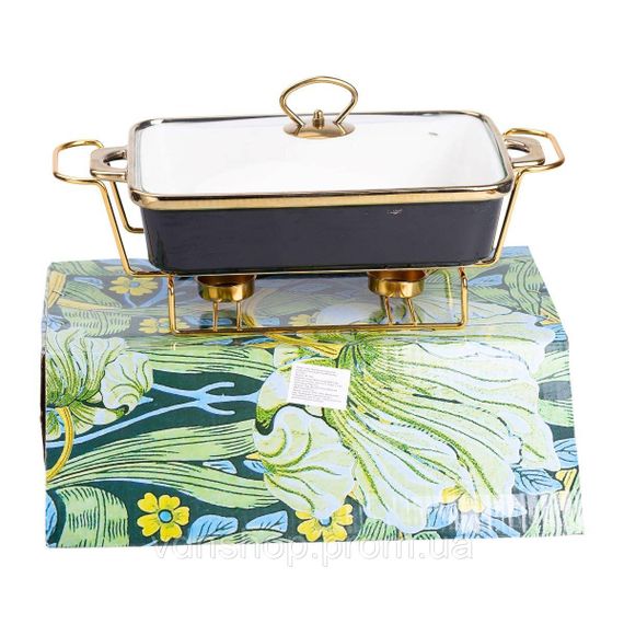 Марміт порцелянаовий зі скляною кришкою 35.5х19х15.5 см на металевій підставці 1,5 л Чорний HTJ-1002 | Зображення 5