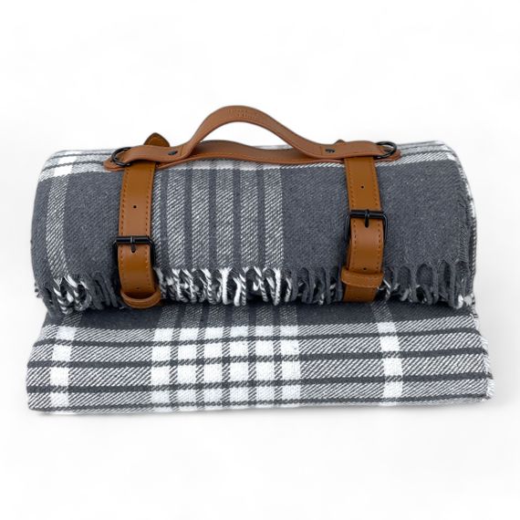 Плед тревел хлопковый клетка серый с ремнем Love You | Зображення 1