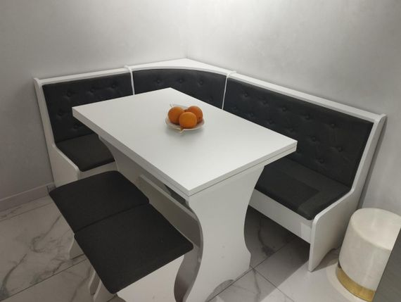 Куток кухонний зі столом та 2 табуретки 114х154 см Mebel-Service Тканина Malmo 94 аnthracite ДСП Білий | Зображення 1