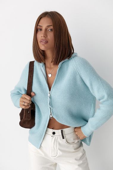 В'язаний кардиган із коміром на блискавці - блакитний цвет, ONE SIZE (є розміри) | Зображення 4