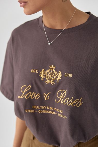 Футболка вільного фасону з вишитими написами - коричневий цвет, ONE SIZE (є розміри) | Зображення 3