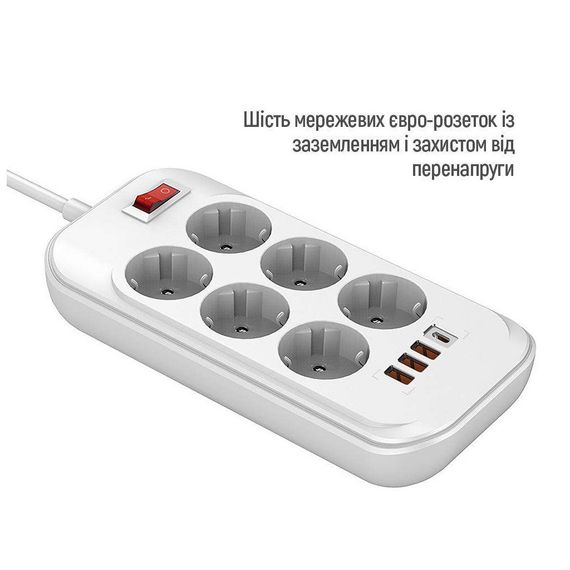Мережевий фільтр живлення ColorWay CW-CHE64PDW, 6 розеток/4USB 2M (CW-CHE64PDW) | Зображення 3