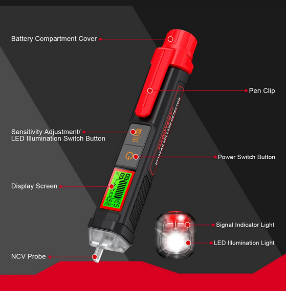 Безконтактний тестер напруги HABOTEST HT103 12-1000V AC з LCD | Зображення 3