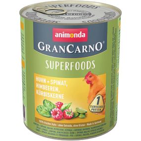 Вологий корм для дорослих собак Animonda GranCarno Superfoods курка та шпинат малина гарбузове насіння 800 г (4017721824392)