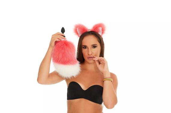 Анальний хутряний хвіст без пробки, Яскраво-рожевий з білим кінчиком, OKOVA sexstyle | Зображення 2