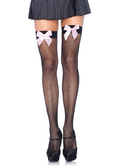 Чулки-сетка с атласным бантиком Leg Avenue Fishnet Thigh Highs One size, Black, With Bow Pink Sex Aura