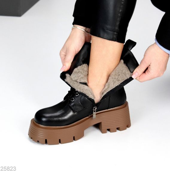 Молодіжні чорні шкіряні зимові черевики берці на масивній підошві карамель | Зображення 3