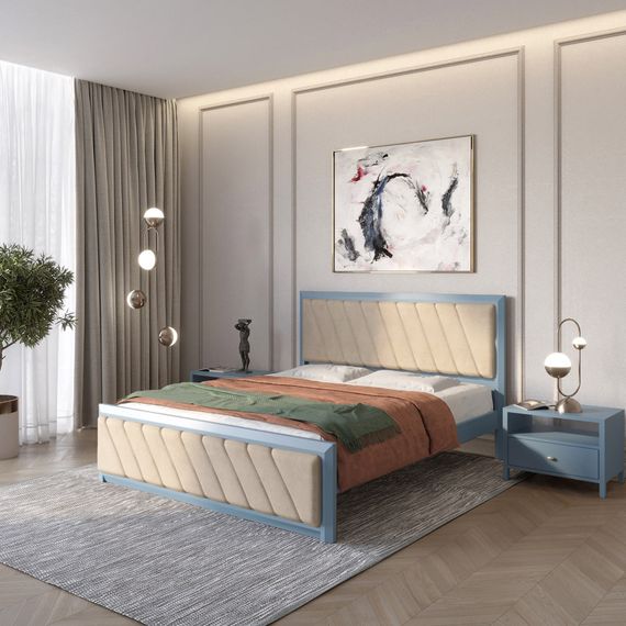 Двоспальне дерев&#039;яне ліжко Mebigrand Барселона Б6 Сіро-синій (S7010R90B)/Аляска 23 (Бежевий) 160х200 см (MBG-13437)