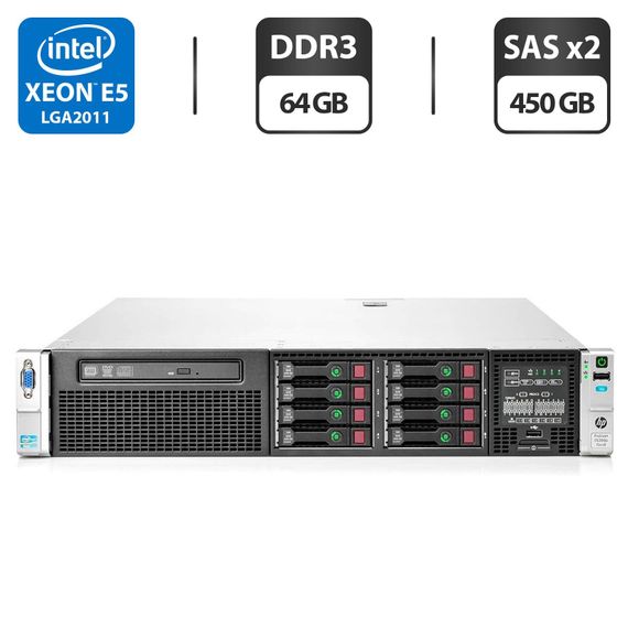 Сервер HP ProLiant DL380p G8 2U Rack / 2x Intel Xeon E5-2658 v2 (10 (20) ядер по 2.4 - 3.0 GHz) / 64 GB DDR3 / 2x 450 GB SAS / iRMC S3 Graphics / Два блока питания 460W б/у | Зображення 1
