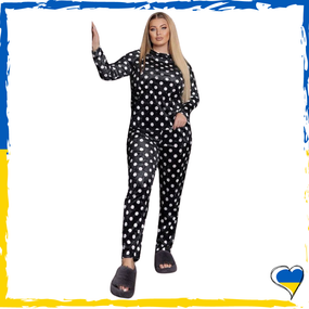 Піжама жіноча велюрова кофта + штани. Піжама чорна у горошок. XL/2XL/3XL