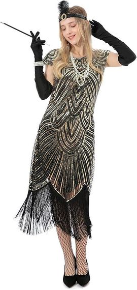 Сукня в стилі 20-х Гетсбі з паєтками бахромою перчатками аксесуарами, жіночий ретро образ для карнавалу, вечірок, Хелловіну | Зображення 4