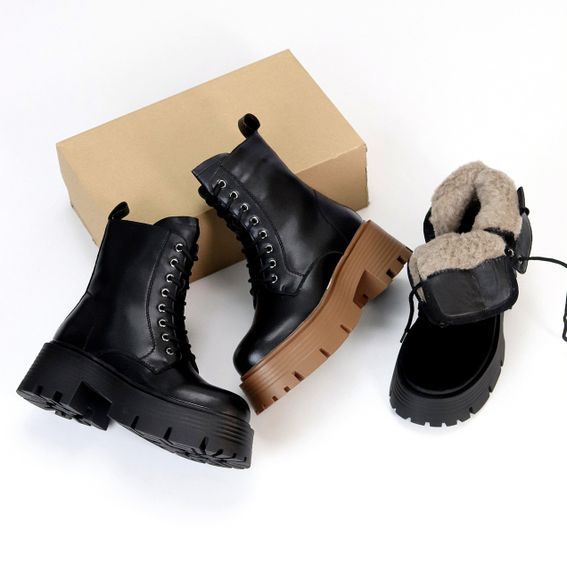 Молодежные черные кожаные зимние ботинки берцы на массивной подошве | Зображення 9