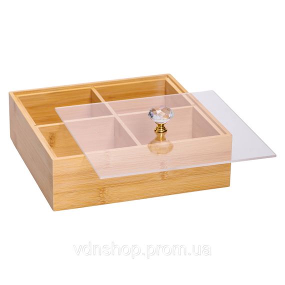 Менажниця дерев'яна на 4 секції з кришкою для закусок 22×22×8 (см) квадратна HB-40-2 | Зображення 1