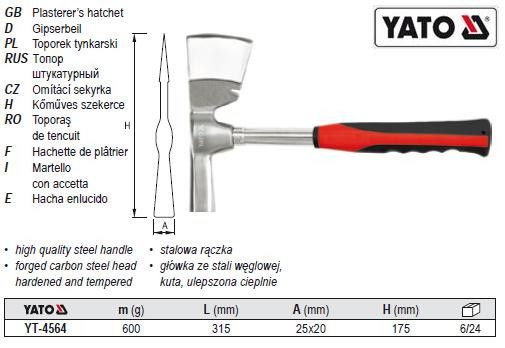Топорик YATO Польша топор штукатура ручка металл 600г 315мм YT-4564